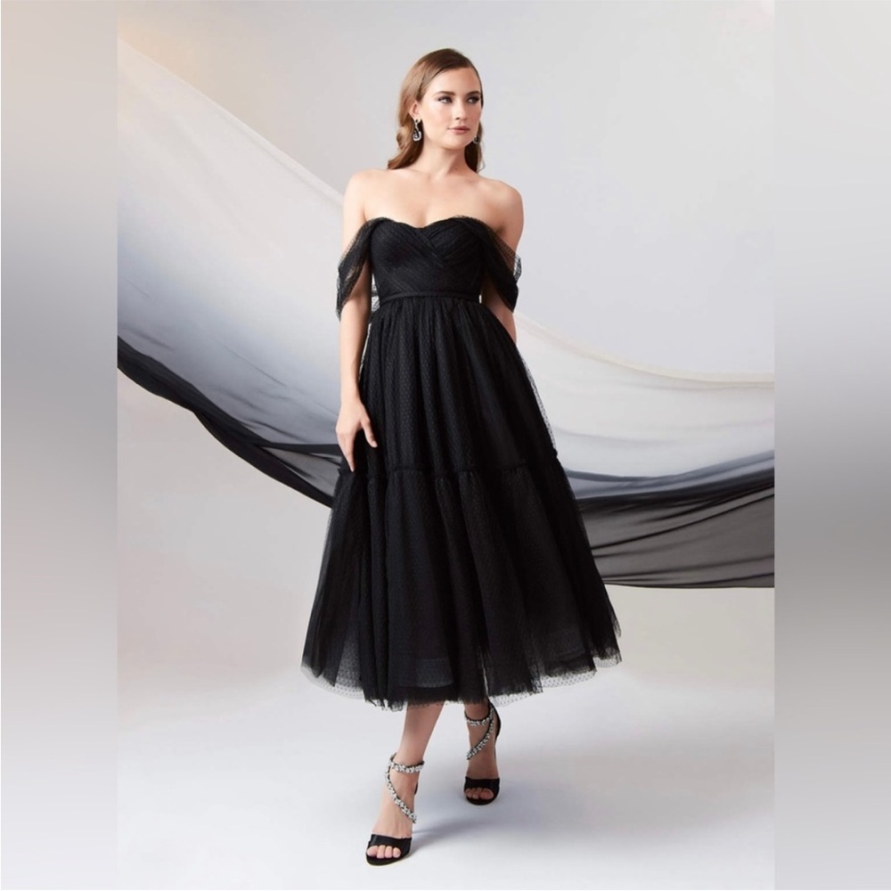 Azazie “Vienna” Black Off-Shoulder Tea-Length Tulle Wedding Dress